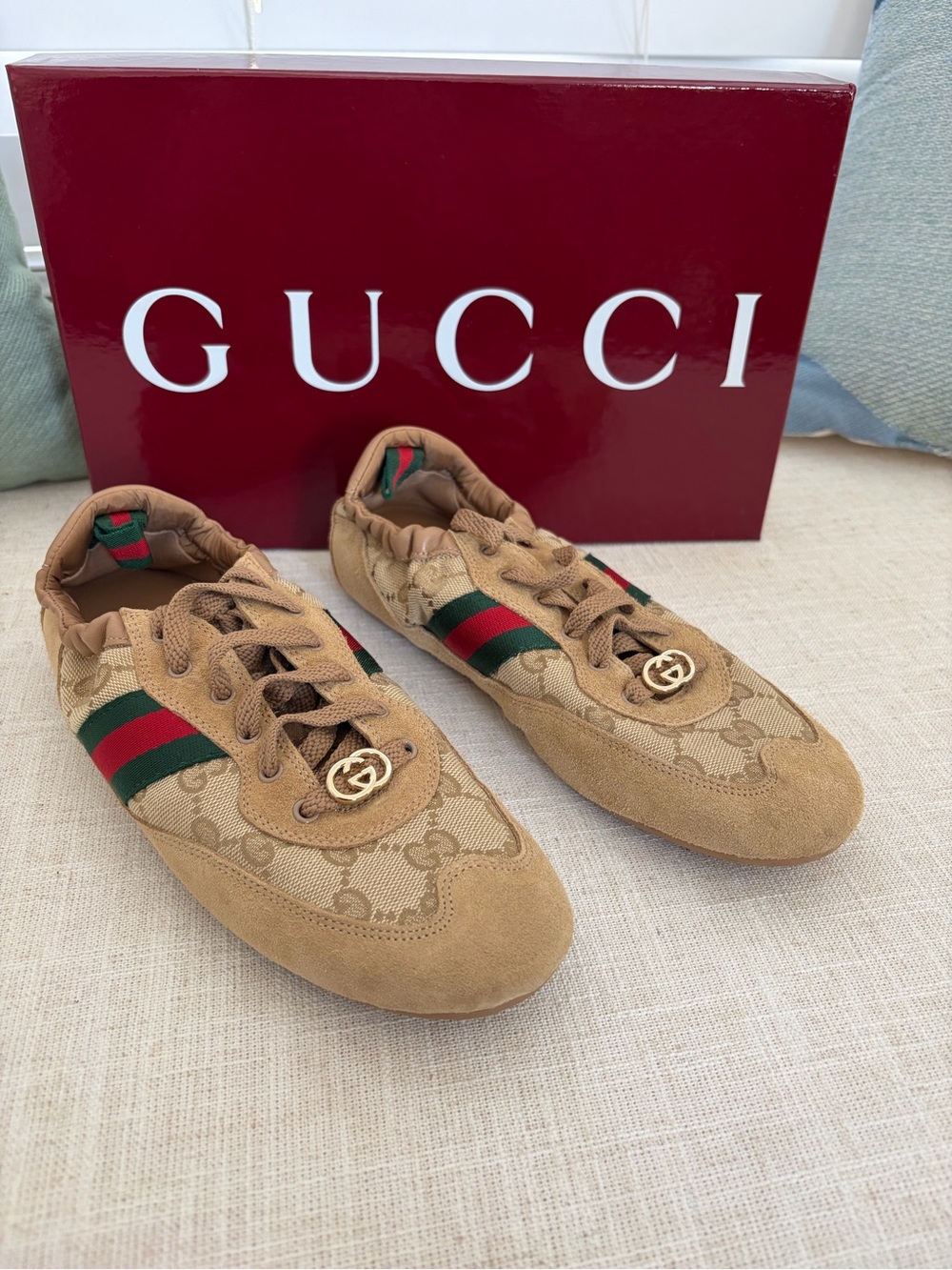 Gucci Tan GG Canvas Low Top Sneakers with Green-Red Web